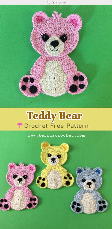 Crochet Teddy Bear Applique Free Pattern #freecrochetpatterns  #crochetapplique  #crochetteddybear  #bearpattern Teddy Bear Applique, Kat Haken, Bear Applique, Bear Patterns Free, Crochet Applique Patterns Free, Crochet Bear Patterns, Crochet Teddy Bear Pattern, Confection Au Crochet, Crochet Teddy Bear