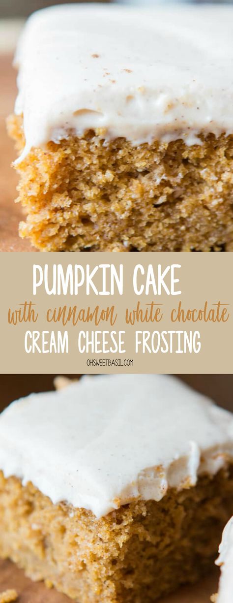 Pumpkin Cake with Cinnamon White Chocolate Cream Cheese Frosting. Did you get all of that? Fall needs pumpkin cake and I've got our family favorite recipe. #pumpkinrecipe #dessert #pumpkincake #frosting White Chocolate Cream Cheese Frosting Recipe, White Chocolate Cream Cheese Frosting, Easy Pumpkin Bars, Pumpkin Bars With Cream Cheese, Bars With Cream Cheese Frosting, Bars With Cream Cheese, White Chocolate Cream, Pumpkin Squares, Cake With Cinnamon