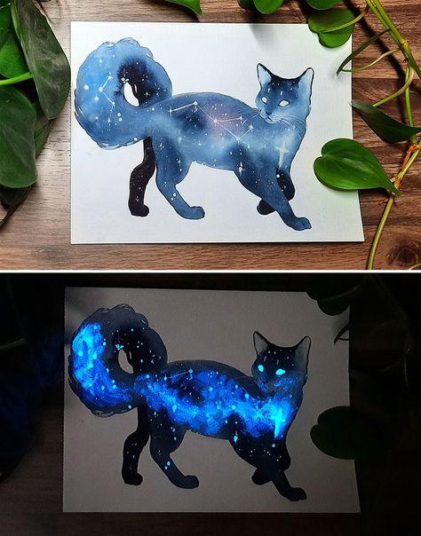 Procreate Drawing Ideas, Art Galaxie, Galaxy Cat, Magic Cat, Procreate Drawing, Watercolor Galaxy, Glowing Art, Galaxy Art, Watercolor Cat