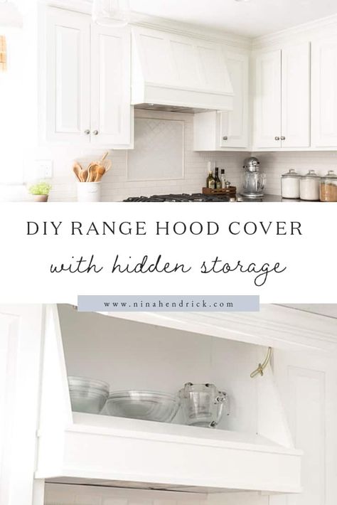 Rather than wasting the space, learn how to use the existing ducting and cabinet above your stove to create a custom DIY range hood cover with hidden storage. Cabinet Above Stove Ideas, Stove Hood With Cabinets Above, Hidden Microwave Over The Stove, Over Stove Cabinet Ideas, How To Hide Range Hood, Over Stove Storage, Hood Over Stove Ideas, Range Hood With Storage, Corner Range With Hood