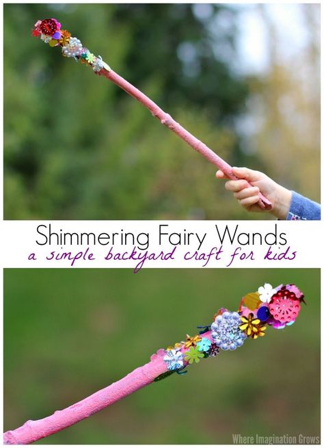 Shimmering Wand Craft for Kids! A simple backyard fairy craft for preschoolers combining craft materials and nature!! Perfect summer craft Fairy Wand Craft, Wand Craft For Kids, Christmas Balls Diy, Wand Craft, Backyard Crafts, Simple Backyard, Toddler Art Projects, Summer Craft, Fairy Crafts