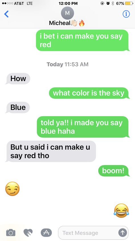 "I Bet I Can Make You Say Red" trick😂 #tricks #text #message #red Prank Text Messages, Text Messages Humor, Gf Funny, Job Memes, Text Messages Boyfriend, Funny Text Messages Fails, Sarcastic Humour, Text Pranks, Good Pranks