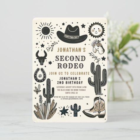 Cowboy Wild Western Second Rodeo Birthday 2nd Invitation | Zazzle Country 1st Birthday, Rodeo First Birthday, Second Rodeo, Second Birthday Boys, 1st Birthday Boy, Rodeo Birthday, First Rodeo, Cute Sun, 1st Birthday Invitations