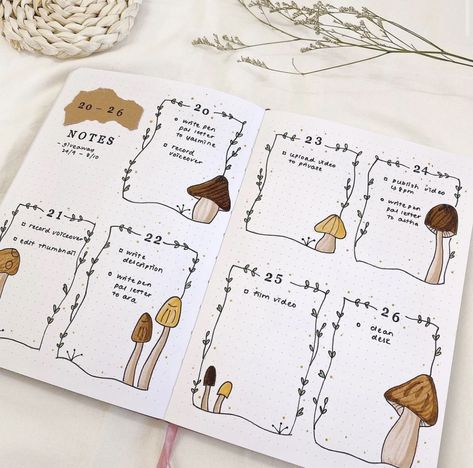 Mushroom Bujo Theme, September Planner Ideas, Bulett Journal Ideas, Mushroom Journal, Mushroom Theme, Bullet Journal September, Diy Kalender, Bullet Journal Minimalist, Have A Wonderful Week