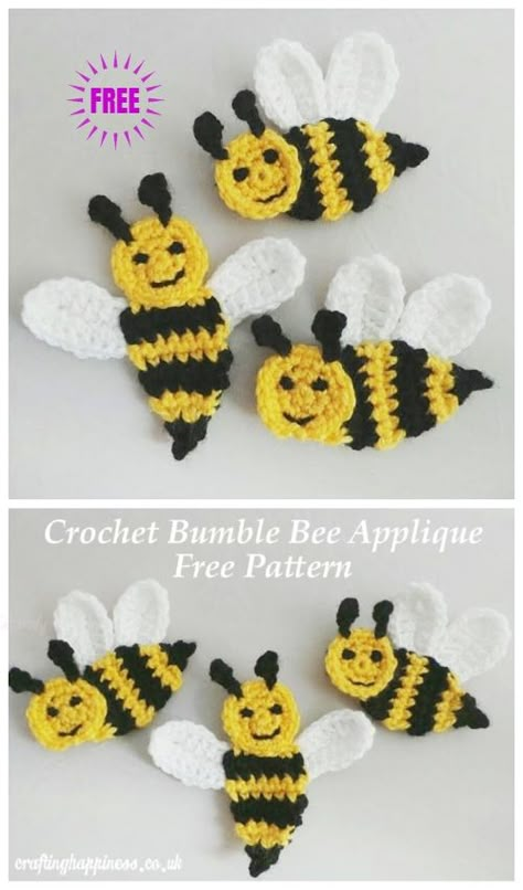 Crochet Bumble Bee Applique Free Crochet Pattern Crochet Bee Applique, Crochet Honeycomb, Bee Applique, Appliques Au Crochet, Crochet Applique Patterns Free, Crochet Bee, Crochet Butterfly, Applique Pattern, Crochet Heart