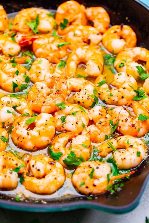 Easy 10-Minute Shrimp Scampi - Averie Cooks Shrimp Scampi Easy, Cast Iron Shrimp, Easy Shrimp Cocktail, Scampi Shrimp, Healthy Shrimp Scampi, Shrimp Scampi Pasta Recipes, Easy Shrimp Scampi Recipe, Garlic Shrimp Scampi, Scampi Sauce