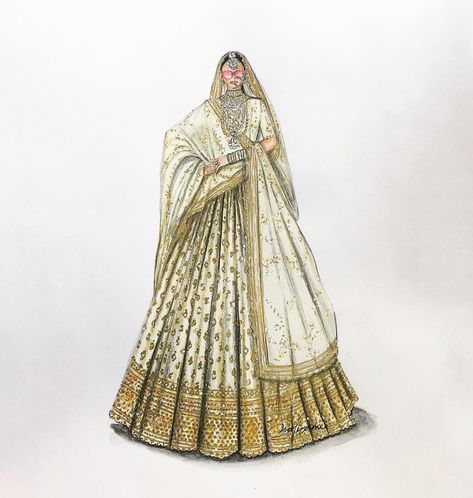 Lehenga Illustration Sketch, Lehenga Illustration, Bride Fashion Illustration, Sketches Fashion, Sabyasachi Mukherjee, Fashion Model Sketch, Fashion Illustration Tutorial, Fashion Illustration Collage, Sabyasachi Lehenga