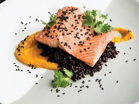 Salmon And Black Rice, Orange Foods, Miso Sauce, Miso Salmon, Sweet Carrot, Salmon And Rice, Fine Dining Recipes, Black Rice, Fancy Desserts