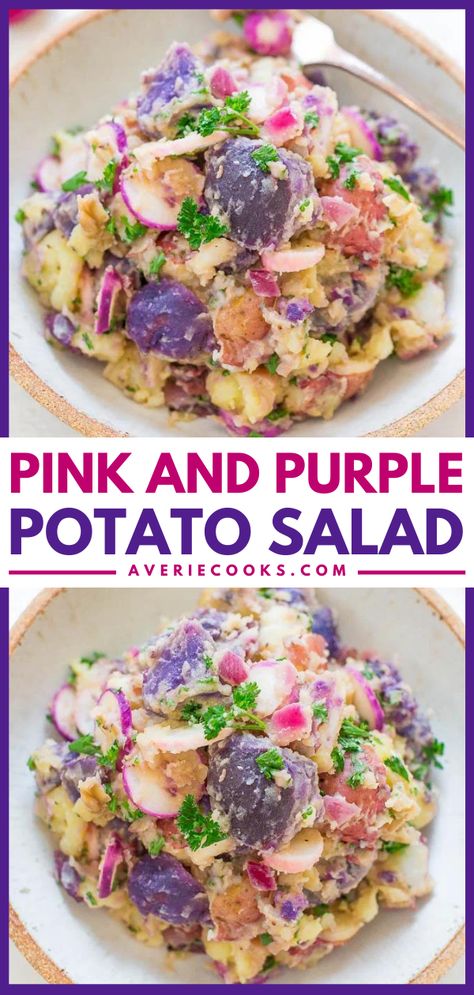 Purple Potato Salad (Simple & Vinegar-Based!) - Averie Cooks Potato Salad Simple, Purple Potato Salad, Simple Potato Salad, Potato Salad No Mayo, Easy Spring Recipes, Side Dish Ideas, How To Make Pink, Salad Simple, Best Potato Recipes