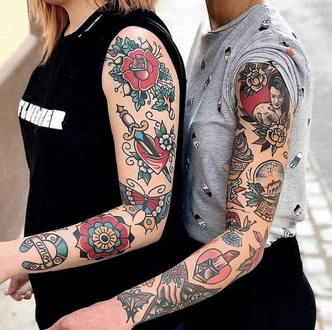 50+ Bright & Trendy American Traditional Tattoos to Be Inspired Traditional Tattoo Music, Traditional Tattoo Girls, Vintage Tattoo Sleeve, American Style Tattoo, American Traditional Sleeve, Tato Tradisional, American Traditional Tattoos, Traditional Sleeve, Girls With Sleeve Tattoos