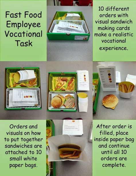 Adaptive Tasks: Task Tips Fast Food Employee, Vocational Activities, Teacch Tasks, Vocational Tasks, Life Skills Class, Functional Life Skills, Life Skills Lessons, Vocational Skills, Life Skills Classroom