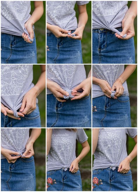 How to tie a t-shirt, two easy ways! | Inherit Co. How To T Shirt Knot, How To Tie A Not In A Shirt, T Shirt Tying, How To Tie Front Knot On Tshirt, How To Wear T Shirt In Different Ways, Tshirt Tying Hack, Knot A Tee Shirt How To, Tie A T Shirt Knot, How To Tie Up A Shirt In A Knot