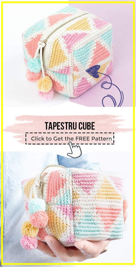 crochet Tapestru CUBE free patern  - easy crochet bag Pattern for beginners via @shareapattern.com Crochet Pencil Case, Crochet Studio, Crochet Wallet, Crocheted Bags, Crochet Case, Bags Pattern, Crochet Bag Pattern Free, Crochet Pouch, Cozy Crochet