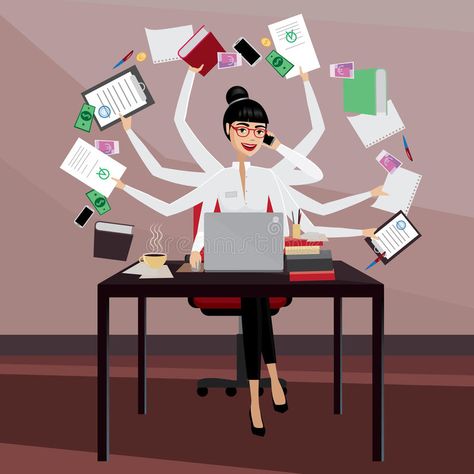 Busy business woman. Multitasking business woman working in the workplace , #Aff, #woman, #business, #Busy, #workplace, #working #ad Multitasking Illustration, Woman Illustration, Multi Tasking, Free Vector Art, استوديو الصور, Getting Organized, Business Women, Social Media Marketing, Vector Art