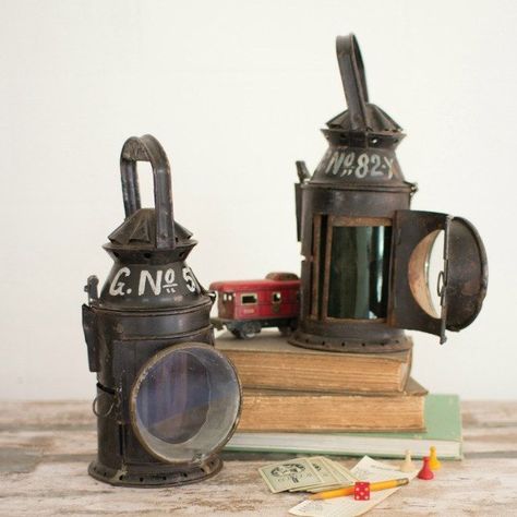 Antique Style Railway Lantern Farmhouse Decor Trends, Railroad Lanterns, Vintage Railroad, Glass Milk Bottles, Unique Farmhouse, Antique Iron, Rustic Lighting, Antique Inspiration, Antique Farmhouse