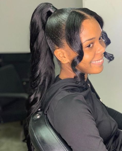 Graduation Ponytail Hairstyles, Sleek Back Ponytail With Bangs, Slick Back Ponytail Curled Ends, Slick Back Long Straight Ponytail, Slick Ponytail With Side Bangs, Slick Back Ponytail With Bangs, Ponytail Hairstyles For Black Women Curly, Sleek High Ponytail With Bangs, Black Hair Slick Ponytail