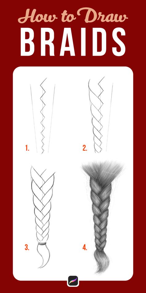 Easy how to draw a braid tutorial Braid Sketch How To Draw, How To Draw A Hairstyle, How To Draw A Braid Easy, How To Draw A Braid Step By Step, Procreate Drawing Ideas Beginner Step By Step, How To Draw Braided Hair, Painting Braids, Braid Hairstyles Drawing, Drawing For Beginners Step By Step