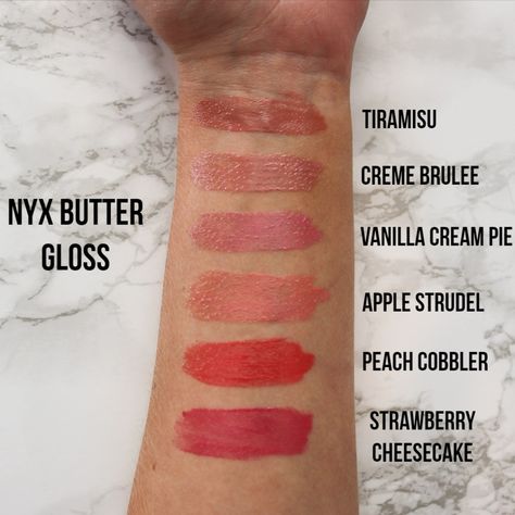 NYX Butter Gloss Swatches – Brooke's Budget Beauty #nyx #nyxbuttergloss #lorac #maybelline Nyx Butter Gloss Swatches, Nyx Butter Gloss Apple Strudel, Nyx Butter Gloss All Shades, Nyx Butter Gloss Strawberry Cheesecake, Nyx Butter Gloss Bit Of Honey, Nyc Butter Gloss Swatches, Nyx Butter Gloss Peaches And Cream, Nyx Swatches, Nyx Intense Butter Gloss