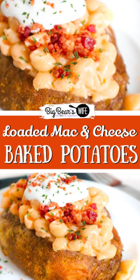 Mac And Cheese Baked Potato, Loaded Mac And Cheese, Baked Potato Dinner, Baked Potato Bar, Disney Foods, Perfect Baked Potato, Stuffed Baked Potatoes, Roasted Fingerling Potatoes, Homemade Mac And Cheese