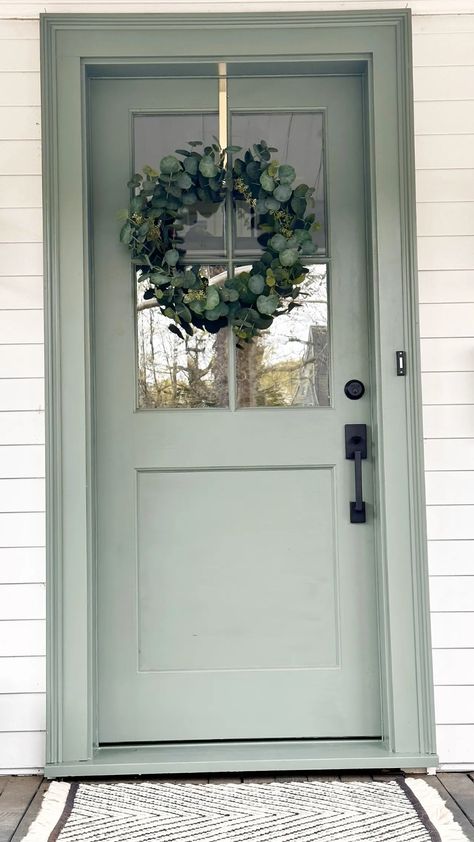 Front Door Painting Trick - Paint the Trim! Front Door And Trim Same Color, Front Door Colors Interior Entryway, Painted Back Door, Colored Door Exterior, Sage Green Shutters Tan House, Front Door Shutter Color Combinations, Wood Tone Paint Colors, Cottage Front Door Colors, Pop Of Color Door