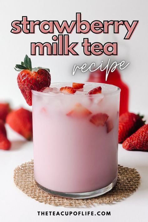 strawberry milk tea recipe Strawberry Milk Boba Tea, Strawberry Milk Cocktail, Pink Milk Recipe, Strawberry Milk Recipes, Spring Tea Recipes, How To Make Strawberry Milk Tea, Coconut Milk Tea Recipe, Strawberry Tea Recipe, Iced Milk Tea Recipe