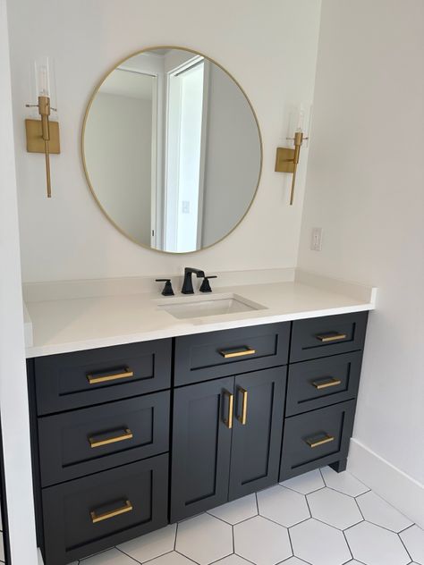 Black Vanity Bathroom Floor Ideas, Black Shiplap In Bathroom, Tricorn Black Cabinets Bathroom, Modern Hall Bathroom, Modern Bathroom With Black Vanity, Guest Bathroom Ideas Black And White, Small Hallway Bathroom Remodel, Black Vanity In Bathroom, Black Bathroom Vanity With Gold Hardware