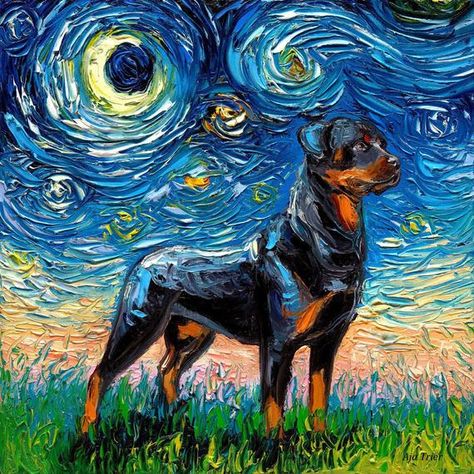 Rottweiler Art, Gogh Paintings, Night Dog, Impasto Paintings, Pet Artwork, Starry Night Art, Vincent Van Gogh Paintings, Artist Watercolor, Deep Art