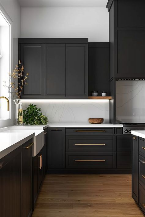 Black Cupboards Kitchen, Black Warehouse, Black Kitchen Ideas, Warehouse Kitchen, Modern Black Kitchen, Kitchen Styles, Black Kitchen Cabinets, Dark Kitchen, White Marble Countertops