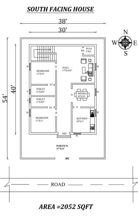 Autocad Drawing file shows 30'X40' 2bhk Awesome South facing House Plan As Per Vastu Shastra. The total buildup area of this house is 2052sqft. The kitchen is in the southeast direction. Dining near the kitchen is in the east direction. The Hall Placed in the northeast direction. The master bedroom is available in the southwest direction with the attached toilet is in the west. The kid's bedroom is in the west direction with the attached toilet is in the west. A staircase is available in the nor 30 40 South Facing House Plan, South Facing House Plan, Vastu Plan, Four Bedroom House Plans, South Facing House, West Facing House, House Plans South Africa, 30x40 House Plans, East Direction