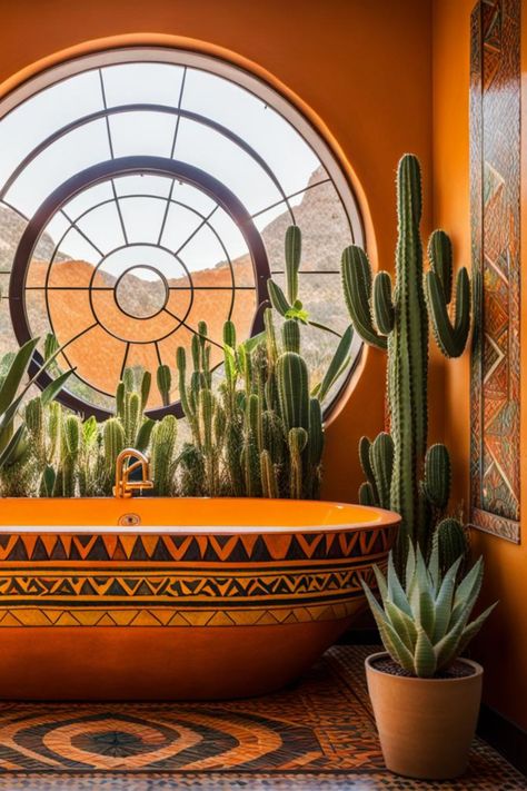 Orange bathroom Aztec Interior Design, Aztec Bathroom, Cactus Bathroom Decor, Mexico Interior Design, Small Bathroom Styles, Colorful Eclectic Home, Aesthetic Interior Design, Orange Bathroom, Orange Bathrooms