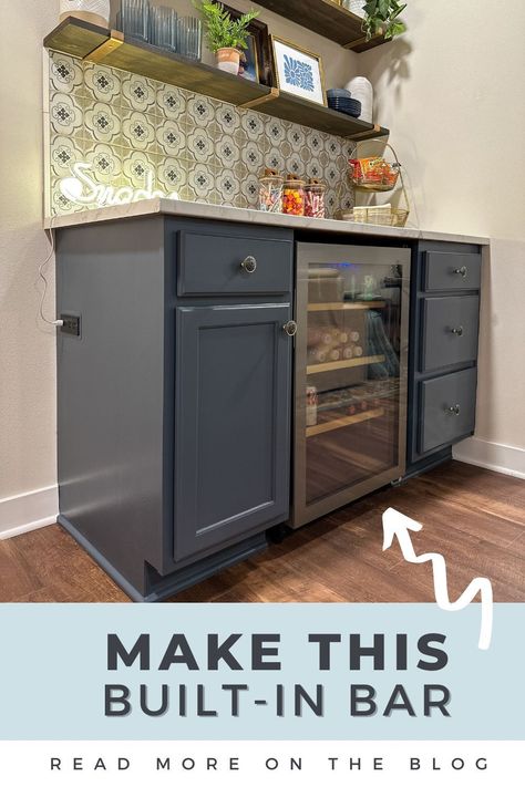 Transform your home into the ultimate entertainment hub with our DIY dry bar featuring a mini fridge! 🍹✨ This project combines style and functionality, providing the perfect spot to store beverages and mix drinks. Click to learn how to create your own stylish bar setup at home! #DIYHomeBar #EntertainingSpace #BasementBar Diy Bar Cart With Mini Fridge, Dry Bar In Kitchen Ideas, Diy Bar Cabinet How To Build, Bar With Built In Mini Fridge, Kitchen Drink Fridge, Ikea Hack Beverage Station, Built In Drink Fridge, Small Bar With Fridge, Diy Bar Nook