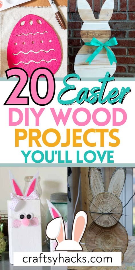 Enjoy these Easter crafts! Make these Easter crafts diy and enjoy decorating on a low budget. Who doesnt' love an Easter project! Wooden Rabbits Diy Wood Crafts, Cheap Easter Crafts, Easter Diy Crafts, Easter Wood Projects, Wood Pallet Crafts, Diy Spring Crafts, Easter Wood Crafts, Spring Easter Crafts, Easter Projects