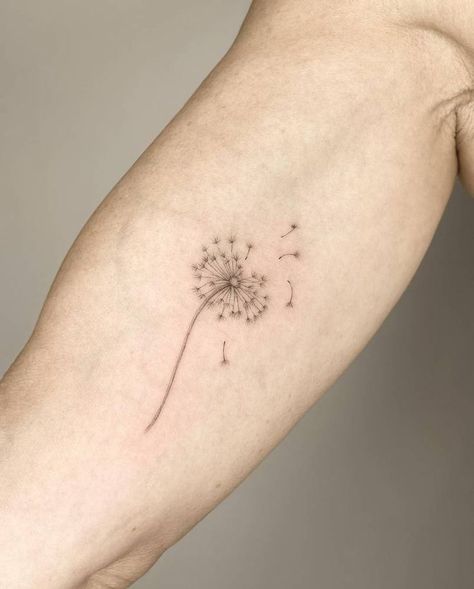 Dandelion Freedom Tattoo, Dandelion Tattoo On Arm, Inner Arms Tattoo Women, Dandelion Arm Tattoos For Women, Dandelion Tattoo Linework, Dandelion Tattoo With Dragonflies, Let Go Dandelion Tattoo, Letting Things Go Tattoo, Fine Line Tattoo Inner Arm