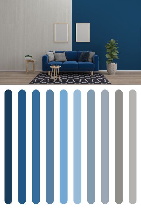 Half Grey Wall, Half Wall Paint Living Room, Drawing Room Colour Combinations, Blue Sofa Living Room Color Combinations, Drawing Room Colour Combination, Drawing Room Colour, Sofa Colour Combinations, Blue Sofas Living Room, Living Room Color Combination