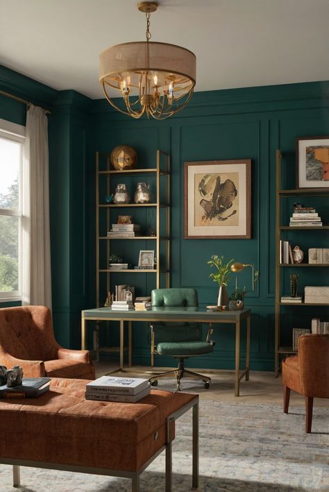 home decor interior design, space planning, interior bedroom design, kitchen designs Commercial Office Paint Colors, Work From Home Office Design, Teal Office Decor Ideas, Dark Green Study, Moody Green Office, Emerald Green Office, Hypnotherapy Office, Blue Green Office, Emerald Office