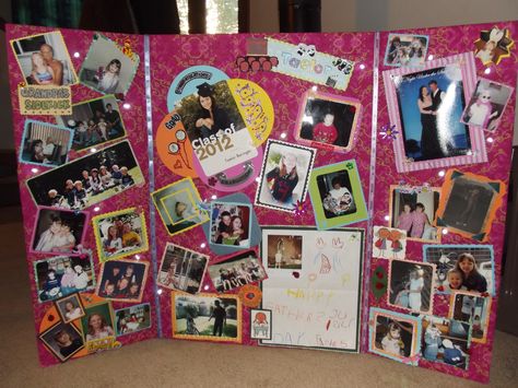 Spotlight the person or couple with a photo collage. Foam tri-fold covered in fabric, poster lights added to make things light up (strung through back and battery operated), scrapbook like normal and attach to board. Trifold Poster Board Ideas, Trifold Ideas, Graduation Display, Purple Pics, Senior Posters, Senior Night Posters, Ideas For Engagement, Graduation Poster, Senior Night Gifts