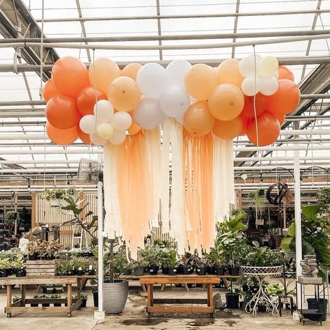 Orange And White Balloon Garland, Overhead Balloon Garland, Baloon Garland Ideas With Streamers, Balloon Arch Hanging From Ceiling, Balloon Garland Hanging From Ceiling, Ceiling Balloon Garland, Ceiling Balloon Decorations, Tutti Fruity Party, Baloon Garland