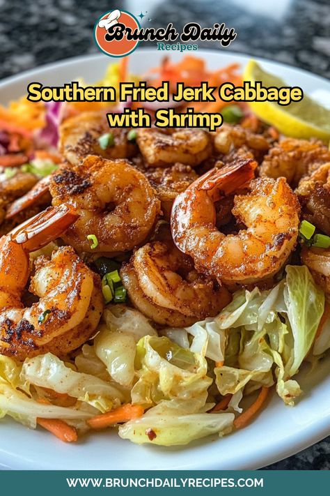 Enjoy this Southern-inspired jerk fried cabbage with jumbo shrimp! #JerkRecipes #SouthernFood #SpicyShrimp Jerk Cabbage, Cabbage Shrimp, Southern Fried Cabbage, Jerk Shrimp, Jamaican Cuisine, Jamaican Food, 2024 Recipes, Fried Cabbage, Jumbo Shrimp