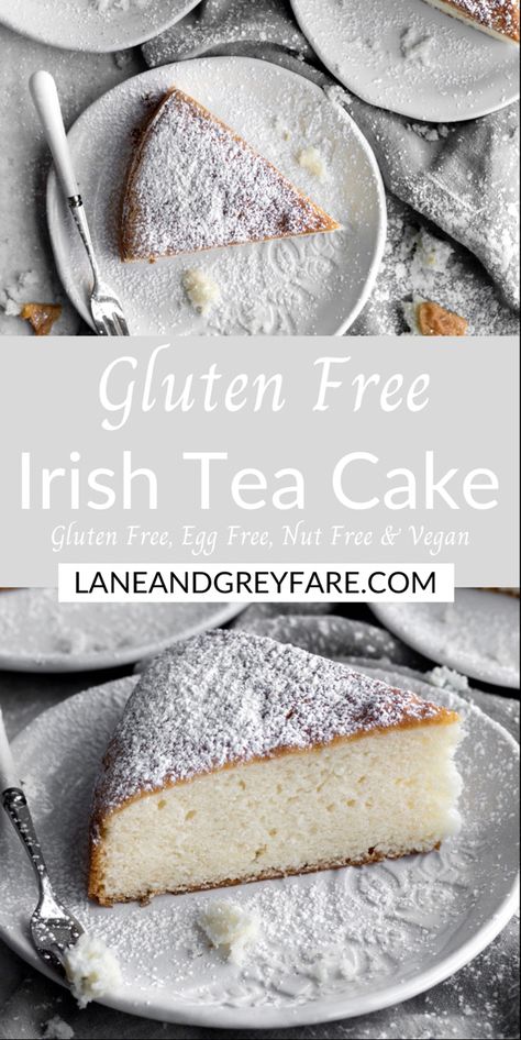 Close up picture of a slice of fluffy gluten free Irish tea cake covered in powdered sugar. Tea Cakes Gluten Free, Christmas Cake Gluten Free, Gf And Dairy Free Desserts, Gluten Free Dairy Free Cakes, Gluten Free Nut Free Desserts, Gluten Free Tea Party, Gluten Free Healthy Desserts, Irish Tea Cake Recipe, Irish Tea Cake