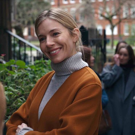 How To Style A Turtleneck, Anatomy Of A Scandal, Sienna Miller Style, Rupert Friend, Orange Coat, Sienna Miller, Wardrobe Stylist, Quiet Luxury, Shades Of Beige