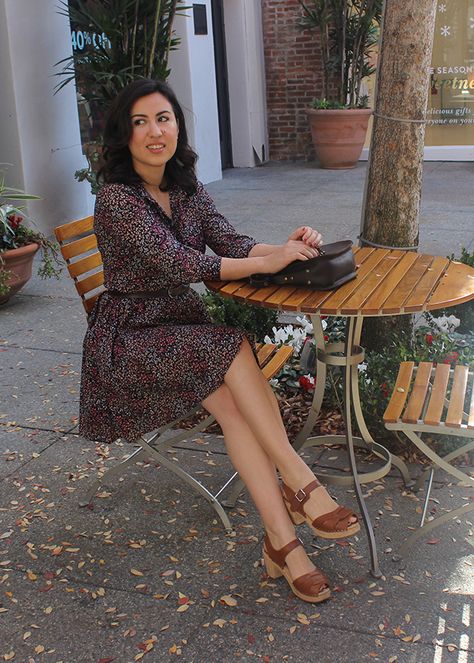 Retro Inspired. Lotta from Stockholm Peeptoe Clogs in Tan and Floral Dress. Dress With Clogs Outfit, Clogs With Dresses Outfit, Lotta From Stockholm Outfit, Clogs And Dress, Lotta Clogs Outfit, Clog Sandals Outfit, Clogs With Dresses, Brown Clogs Outfit, Dansko Clogs Outfit