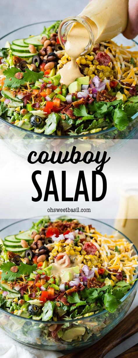 Loaded Cowboy Salad is the ULTIMATE side dish for BBQs. It's easy to throw together with greens, corn, bacon, cheese, beans veggies and a BBQ ranch dressing!  #bbq #salad #choppedsalad #bacon #saladrecipe #summerbbq #summerrecipe #memorialday #memorialdayrecipe #4thofjuly #bbqsidedish Bbq Ranch Dressing, Loaded Salad, Cowboy Salad, Bbq Salads, Oh Sweet Basil, Side Dishes For Bbq, Pea Salad, Sweet Basil, Salad Side Dishes