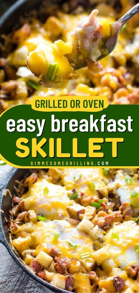 This Breakfast Skillet starts with fresh potatoes, cheese, and bacon made in a cast iron skillet. This breakfast recipe makes a great addition to your brunch ideas for Christmas. Pin this Christmas brunch recipe! Breakfast In Cast Iron Skillet, Easy Skillet Breakfast, Make Ahead Breakfast Skillet, Breakfast Skillet Recipes Potatoes, Cast Iron Breakfast Pizza, Breakfast Skillet Recipes Sausage, Hashbrown Skillet Breakfast, Cast Iron Breakfast Casserole, Breakfast Ideas Cast Iron Skillet