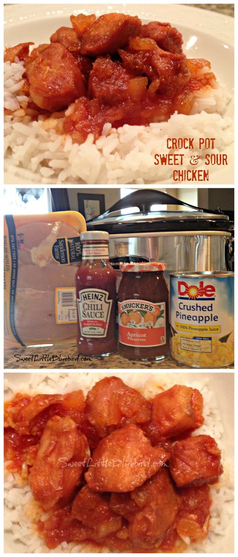 CROCK POT SWEET and SOUR CHICKEN, With only FOUR ingredients and little prep, a warm delicious dinner will be waiting! | SweetLittleBluebird.com Yummiest Food, Crock Pot Food, Crockpot Ideas, Coconut Dessert, Sweet And Sour Chicken, Sweet Sour Chicken, Food Meat, China Food, Sweet N Sour Chicken