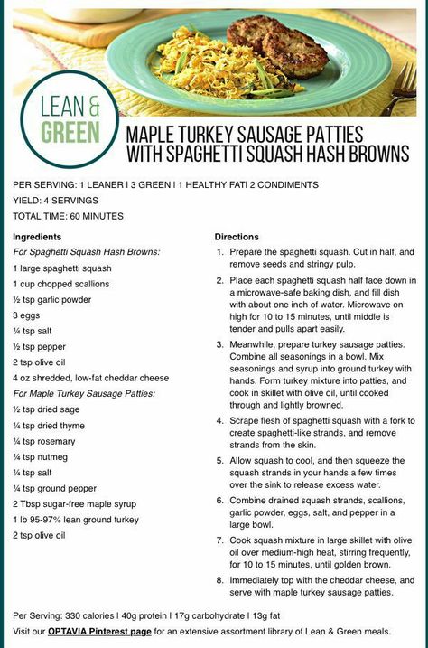 This dish is good for breakfast, lunch, or dinner. Try this for your lean and green today! #optavia #lean #green #staceyhawkins #maple #turkey #sausage #spaghettisquash #hashbrowns Spaghetti Squash Hashbrowns, Optiva Diet, Turkey Sausage Patties, Maple Turkey, Medifast Recipes, Optavia Lean And Green, Lean Protein Meals, Green Breakfast, Sausage Patties