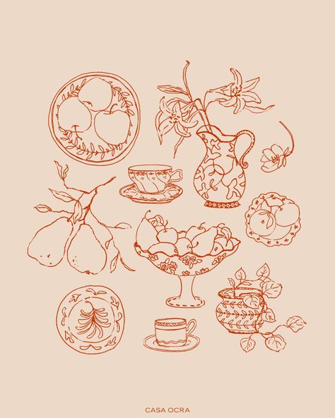 Cute Drawing Decorations, Doodle Drawings Food, Italian Illustration Vintage, Chinoiserie Tattoo, Eclectic Tattoos, Dainty Illustration, Vintage Drawing Sketches, Cute Flower Illustration, Line Art Doodles