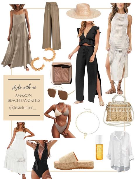 neutral aesthetic beach looks, jewelry, accessories, outfits, swimsuits, dresses, Amazon finds Amazon Beach Vacation Outfits, Thailand Fits, Cruise Vacation Outfits, Hawaii Babymoon, Resort Attire, Beach Must Haves, Cabo Outfits, Arielle Lorre, Modest Mom