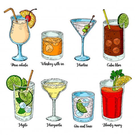 Alcoholic drinks set. set of isolated colorful sketch cocktails. Premium Vector Drawing Of Drinks, Drink Art Drawing, Cute Drink Drawings, Drawing Drinks, Drink Sketch, Cocktail Sketch, Drinks Drawing, Drink Drawing, Cocktails Drawing