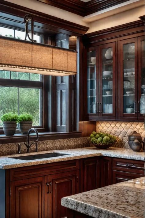 Classic cherry wood kitchen with beige granite and decorative tile Granite Countertops With Brown Cabinets, Cherry Wood Kitchen, Brown Kitchen Ideas, Beige Granite, Craftsman Interior Design, Cherry Wood Kitchen Cabinets, Dark Brown Kitchen, Cherry Wood Kitchens, Natural Stone Backsplash