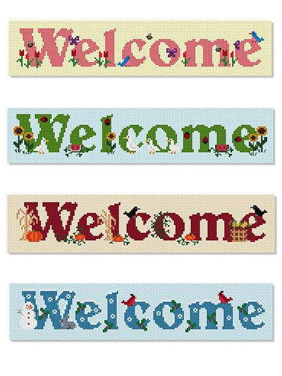 Four Seasons Welcome Signs Cross Stitch Welcome Sign, Cross Stitch Welcome Home, Cross Stitch Welcome Pattern, Cross Stitch Welcome, Welcome Cross Stitch, Winter Patterns, Fox Scarf, Cross Stitch Fonts, Welcome Signs